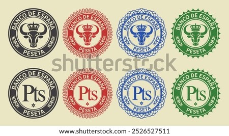 Vector graphic set of financial fictional European seals. Round icons with peseta symbol, bull with royal crown. Spanish inscription means bank of Spain.