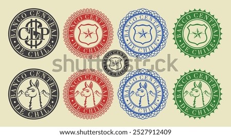 Vector graphic set of financial fictional South American Chilean seals. Round icons with llama, shield and star. Spanish inscription means Central Bank of Chile.