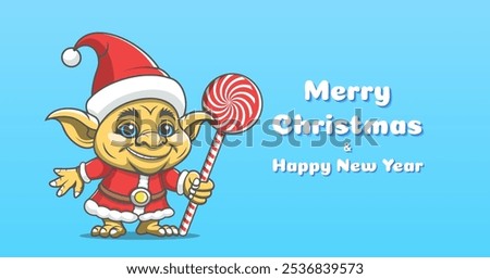 Vector holiday card or flyer. Funny cartoon cute smiling gnome, troll, goblin or gremlin with sweet candy, in costume of Santa Claus. Merry Christmas and Happy New Year. Blue light background.