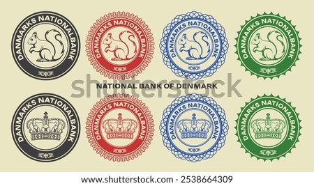 Vector graphic set of financial fictional color seals. Round icons with graphic squirrel and royal crown. Danish inscription means National Bank of Denmark.