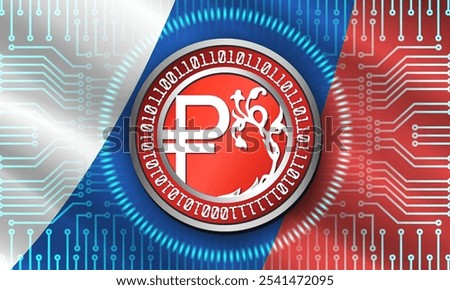 Vector technology financial economic poster. Symbol of digital ruble of Russian Federation on background of national flag and computer microcircuit. Symbolic virtual colored coin of Russia.