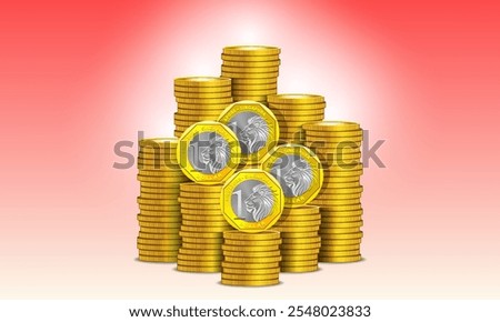 Vector set of 3d gold tokens. Denomination one Singaporean dollar. Stacks of metal coins. Big piles of money. Gold coinage. Singapore.