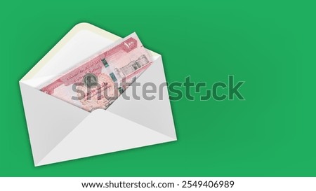 Vector illustration. Sample of economic poster. Envelope with banknote, denomination of 100 dirhams 2018 United Arab Emirates. One hundred. High pixel mosaic note. Green background.