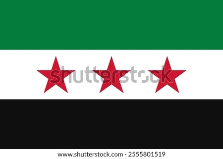 Vector new flag of Syrian Arab Republic. Approved on December 8, 2024. Three stars and a green, white, black tricolor. New Syria.