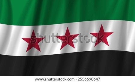 Vector wavy new flag of Syrian Arab Republic. Waving three-star banner of Syria. National symbol of new arabic country.