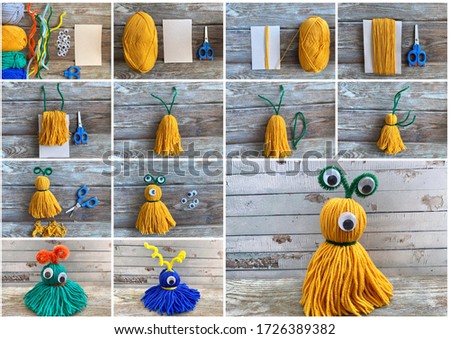 Needlework step by step, collage how to make a monster out of colored yarn. Stockfoto © 