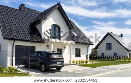 Similar – Image, Stock Photo Facade with single window, rectangles in brown and pink, graffiti and red and white construction fence in Offenbach am Main in Hesse