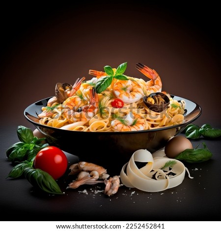 Similar – Image, Stock Photo Traditional pasta with seafood. The chef prepares a pasta marinara. The chef decorates the dish with tweezers. Spaghetti with seafood. Mediterranean Kitchen. People at work. Close-up. Body parts