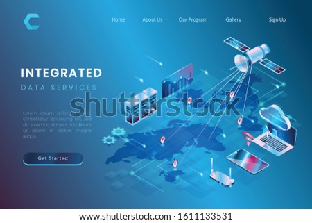 illustration of data service integration using satellite and cloud storage based systems in isometric 3d style