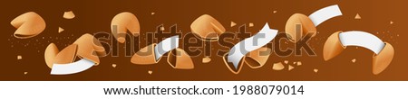 Chinese fortune cookies. Set: open and closed fortune cookies. In the cookie have template of blank paper, write your wishes. Vector, isolated. ストックフォト © 