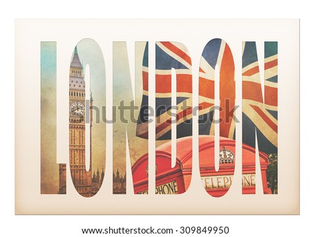 Vintage postcard with symbols of London, England, the UK. Telephone red booth, Big Ben and the national flag. Vintage retro style