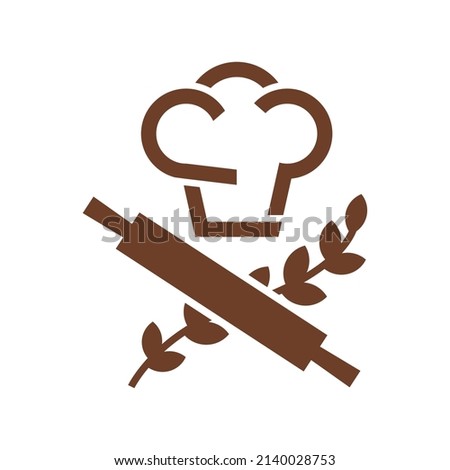 Flat logo design of chef hat and a crossed dough roller and wheat leaf at the bottom. Concept design for bakery, pastries, and restaurant business.