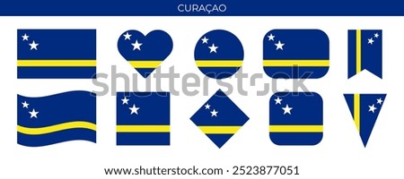 Curacao flag set. National flag in various shapes. Vector illustration isolated on white background