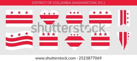 District of Columbia state flag set. American state flag of different shapes. Washington D.C. flag. Vector illustration isolated on white background