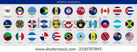 Set of round flags of North American countries in alphabetical order. Vector illustration