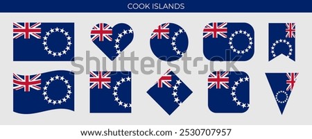 Cook Islands flag set. National flag in various shapes. Vector illustration isolated on white background