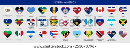 Set of heart shape flags of North American countries in alphabetical order. Vector illustration