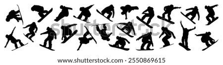 Snowboarding silhouette set vector illustration. Snowboarders perform tricks in different poses. Winter sport. Freestyle, big air, halfpipe, slopestyle, boardercross sport symbol. 