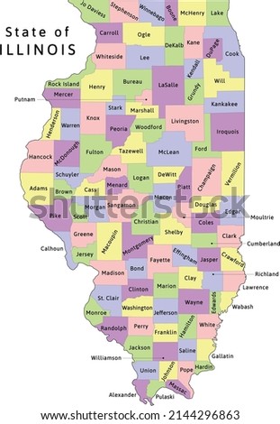 Illinois state administrative map with counties. Clored. Vectored. Yellow, green, blue, pink, violet