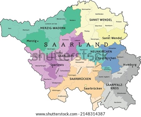 Saarland state map with towns and municipalities. Federal Republic of Germany. Vectored. Colors shamrock, concrete, polo blue, drover, orchid, silver, caramel