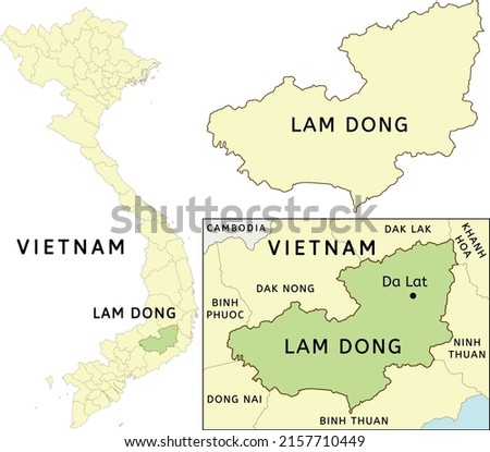 Lam Dong province location on map of Vietnam. Capital city is Da Lat