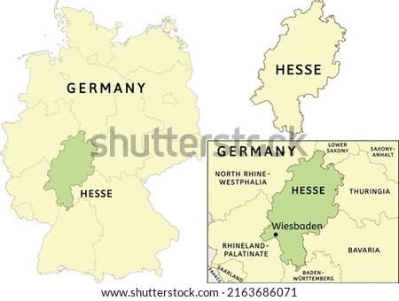 Hesse state location on map of Germany. Capital city is Wiesbaden