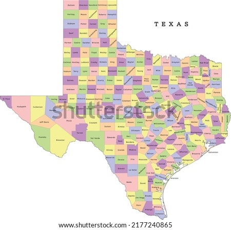 Texas state administrative map with counties. Clolred. Vectored. Yellow, green, blue, pink, violet, orange