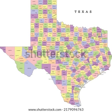 Texas state administrative map with counties and seats. Colored. Vectored. Yellow, green, blue, pink, violet, orange