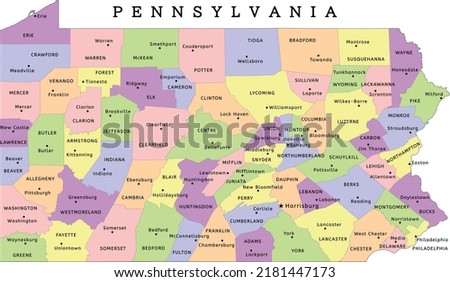 Pennsylvania state administrative map with counties and seats. Colored. Vectored. Yellow, green, blue, pink, violet, orange Foto stock © 