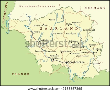 Saarland state map with layers. Federal Republic of state . Vectored. Colored. Layers: Outlines, Regions names, Routes, Rivers, Rivers names, Localities points, Localities names