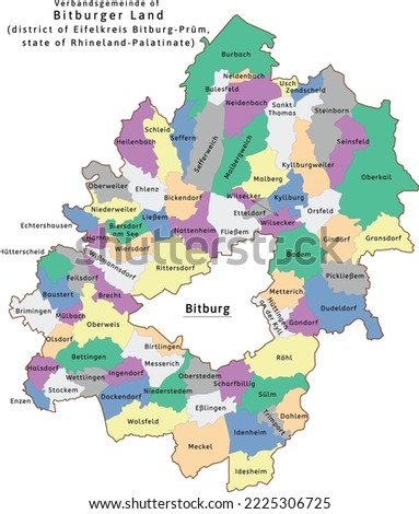 Bitburger Land verbandsgemeinde map of Eifelkreis Bitburg-Prüm district Rhineland-Palatinate state in Germany. Vectored. Colors shamrock, concrete, polo blue, drover, orchid, silver, caramel