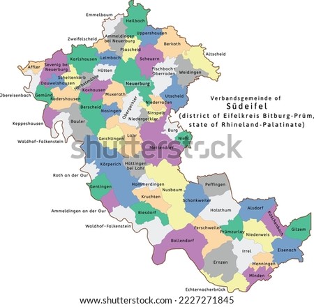 Südeifel verbandsgemeinde map of Eifelkreis Bitburg-Prüm district Rhineland-Palatinate state in Germany. Vectored. Colors shamrock, concrete, polo blue, drover, orchid, silver, caramel