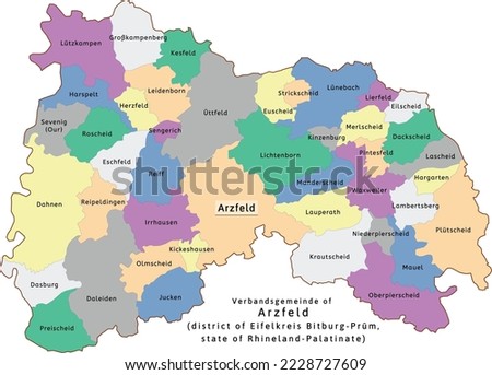Arzfeld verbandsgemeinde map of Eifelkreis Bitburg-Prüm district Rhineland-Palatinate state in Germany. Vectored. Colors shamrock, concrete, polo blue, drover, orchid, silver, caramel