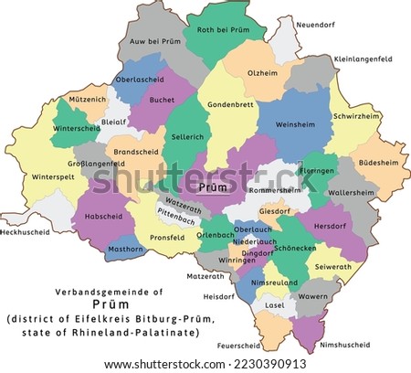 Prüm verbandsgemeinde map of Eifelkreis Bitburg-Prüm district Rhineland-Palatinate state in Germany. Vectored. Colors shamrock, concrete, polo blue, drover, orchid, silver, caramel