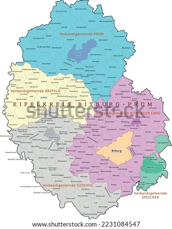 Bitburg-Prüm district map of Rhineland-Palatinate state. Federal Republic of Germany. Vectored. Colored