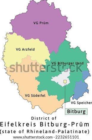 Eifelkreis Bitburg-Prüm verbandsgemeinden 
map of Rhineland-Palatinate state in Germany. Vectored. Colors shamrock, concrete, polo blue, drover, orchid, silver, caramel