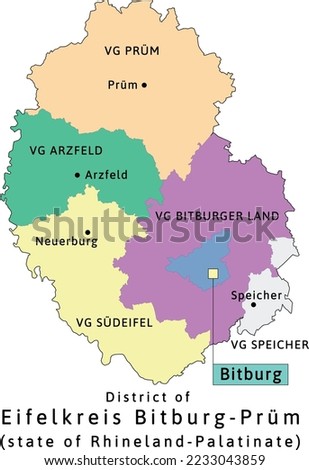Eifelkreis Bitburg-Prüm verbandsgemeinden map of Rhineland-Palatinate state in Germany. Map with capitals. Vectored. Colors shamrock, concrete, polo blue, drover, orchid, silver, caramel