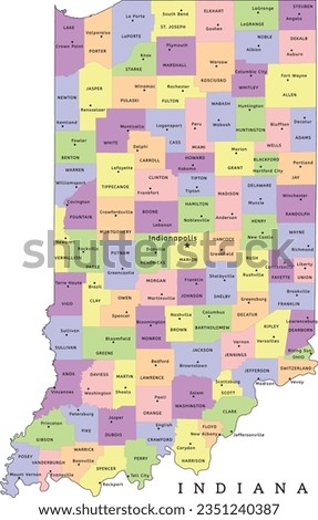Indiana state administrative map with counties and seats. Clored. Vectored. Bright colors