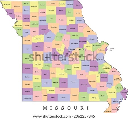 Missouri state administrative map with counties. Clored. Vectored. Bright colors