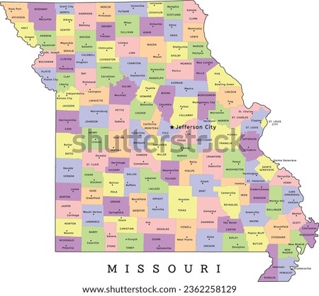 Missouri state administrative map with counties and seats. Clored. Vectored. Bright colors