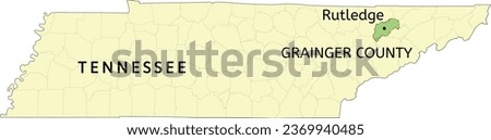 Grainger County and city of Rutledge location on Tennessee state map
