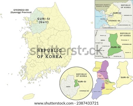 Guri-si (Guri) location on Gyeonggi-do (Gyeonggi Province) and Republic of Korea (South Korea) map. Clored. Vectored
