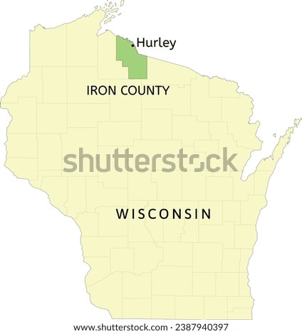 Iron County and city of Hurley location on Wisconsin state map