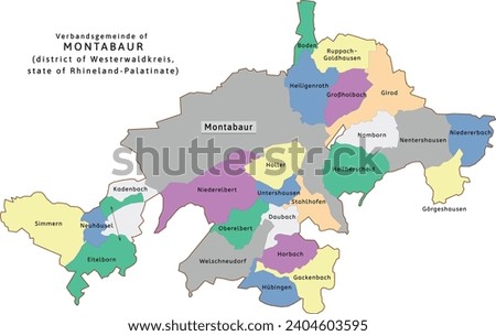 Montabaur verbandsgemeinde map of Westerwaldkreis district Rhineland-Palatinate (Rheinland-Pfalz) state in Germany. Vectored. Retro colors