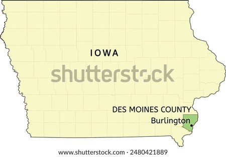 Des Moines County and city of Burlington location on Iowa state map
