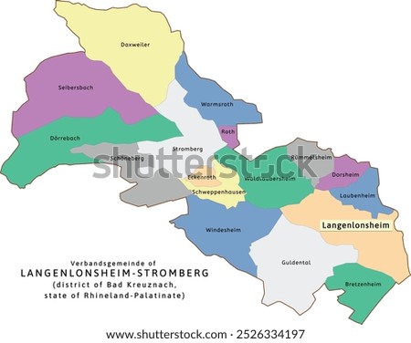 Langenlonsheim-Stromberg verbandsgemeinde map of Bad Kreuznach district Rhineland-Palatinate state in Germany. Vectored. Retro colors