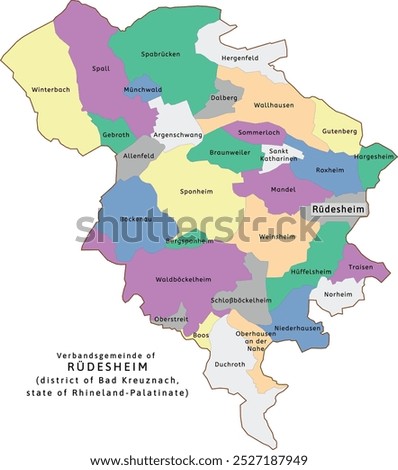 Rüdesheim verbandsgemeinde map of Bad Kreuznach district Rhineland-Palatinate state in Germany. Vectored. Retro colors