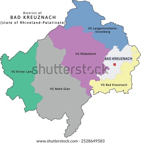 Bad Kreuznach verbandsgemeinden 
map of Rhineland-Palatinate state in Germany. Vectored. Retro colors