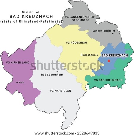 Bad Kreuznach verbandsgemeinden 
map of Rhineland-Palatinate state in Germany. Map with capitals. Vectored. Retro colors