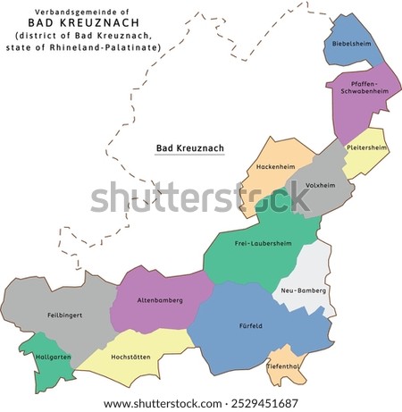 Bad Kreuznach verbandsgemeinde map of Bad Kreuznach district Rhineland-Palatinate state in Germany. Vectored. Retro colors